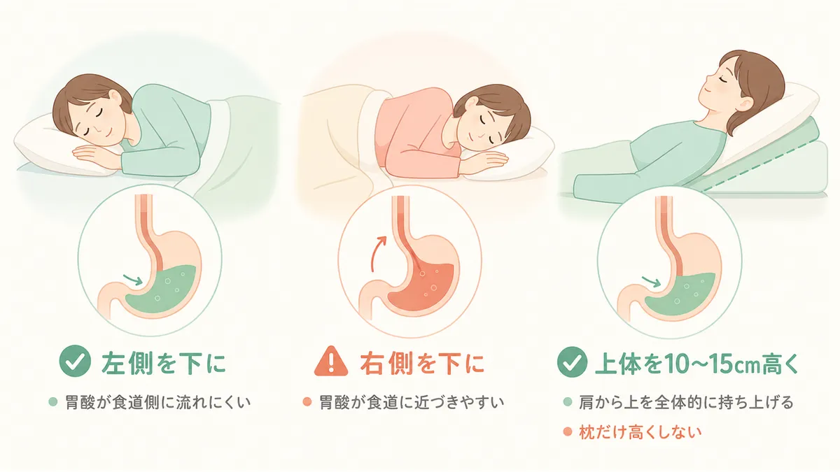 左側を下にすると逆流が軽減する理由や、上体を少し高くする効果を紹介します。