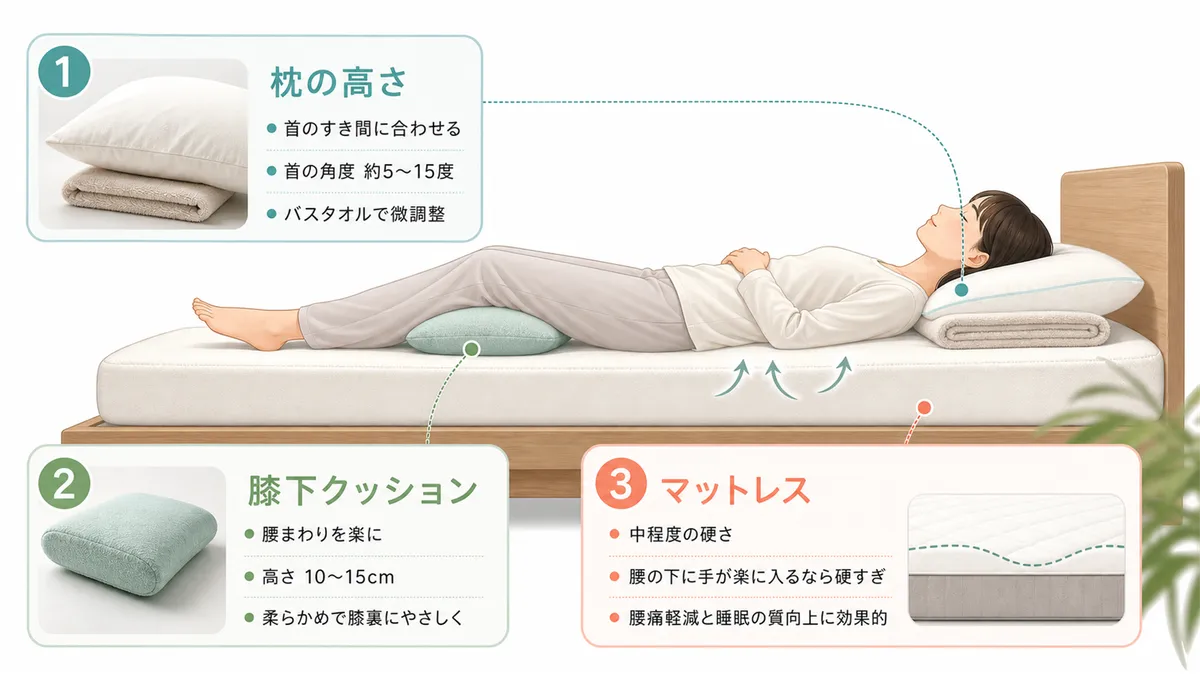 枕の高さ選び、膝下クッション、マットレスの硬さなど具体的な調整法を紹介します。