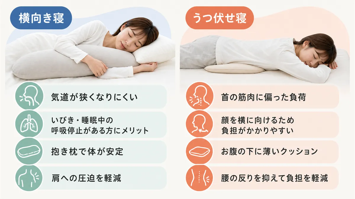 横向き寝やうつ伏せ寝の特徴とそれぞれの体への影響を比較します。