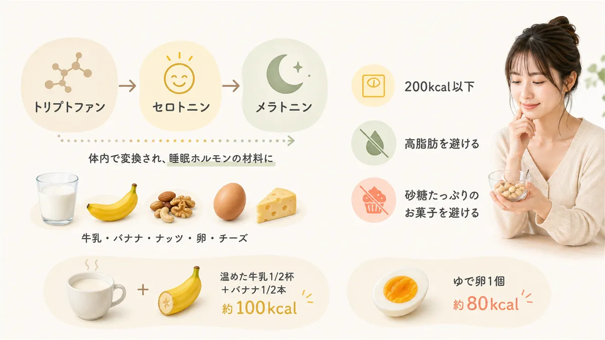 トリプトファンが睡眠ホルモンの材料になる仕組みや、選び方の3原則と具体例を紹介します。