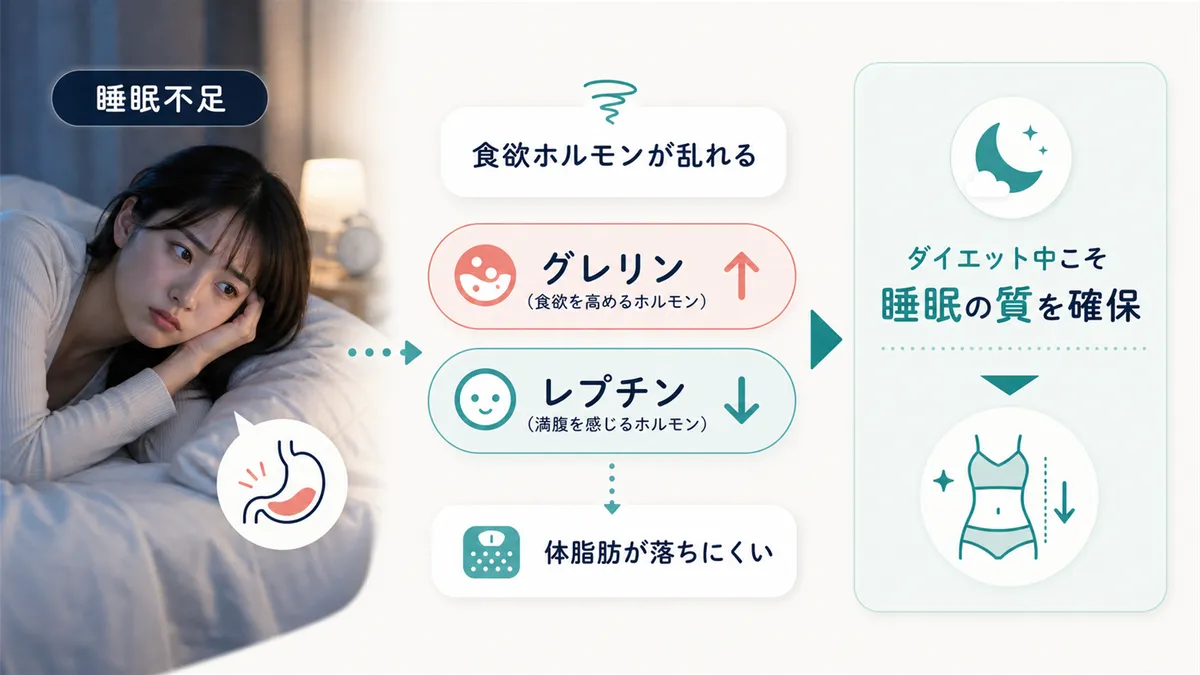 睡眠不足が食欲ホルモンを乱してダイエットを台無しにすることを解説し、バランスの取り方を提案します。