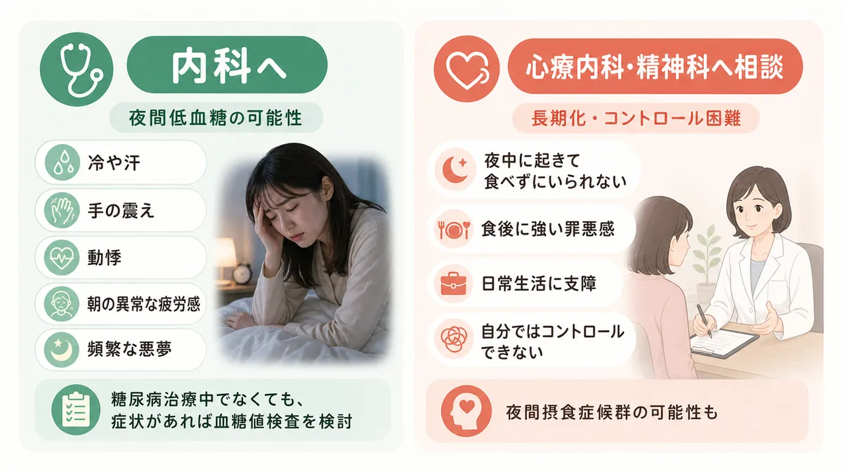 夜間低血糖の可能性や、食べないと眠れない状態が長期化した場合の受診先を案内します。
