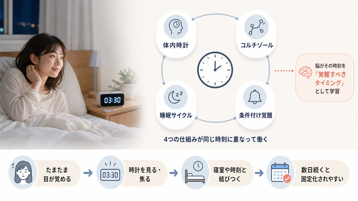 覚醒の規則性を生む4つのメカニズムと、「たまたま」が「毎晩」に変わる分岐点を解説します。