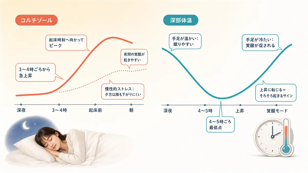 コルチゾールの深夜から朝にかけての急上昇や、深部体温の最低点を過ぎると覚醒モードに入る仕組みを解説します。