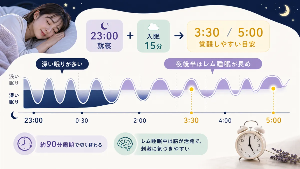 夜後半にレム睡眠が増えると覚醒ポイントも増えること、就寝時刻から覚醒しやすい時刻を逆算する方法を紹介します。