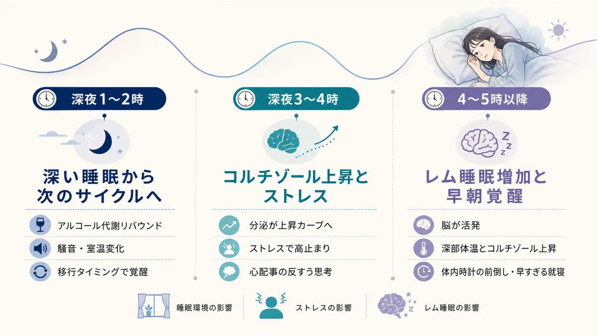 時間帯別に、深い睡眠からの移行期、コルチゾール上昇とストレスの影響、レム睡眠の増加と早朝覚醒の違いを解説します。（深夜1〜2時：深い睡眠から次のサイクルへの移行期・アルコール代謝リバウンドや騒音・室温変化の外部要因が主な原因。深夜3〜4時：コルチゾール上昇開始・ストレスによる反すう思考がある人に多い。4〜5時以降：レム睡眠増加で脳が活発・体内時計の前倒しや就寝時刻が早すぎることが関係）