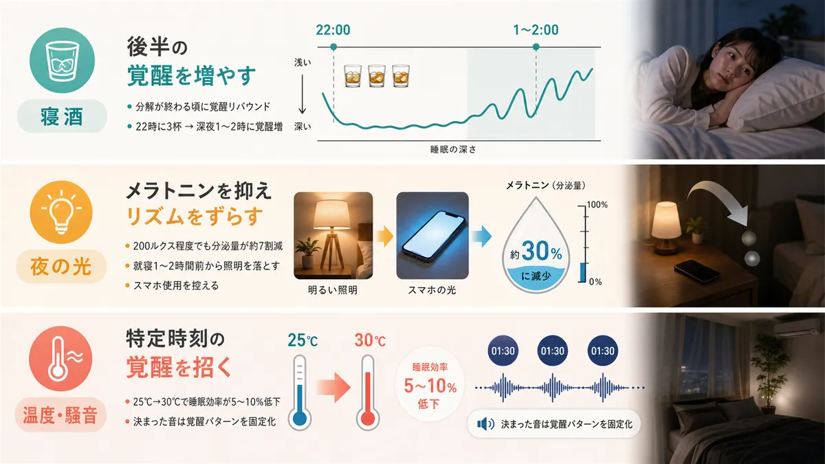寝酒が後半の覚醒を引き起こすメカニズム、夜の光や寝室の温度・騒音の影響を解説します。