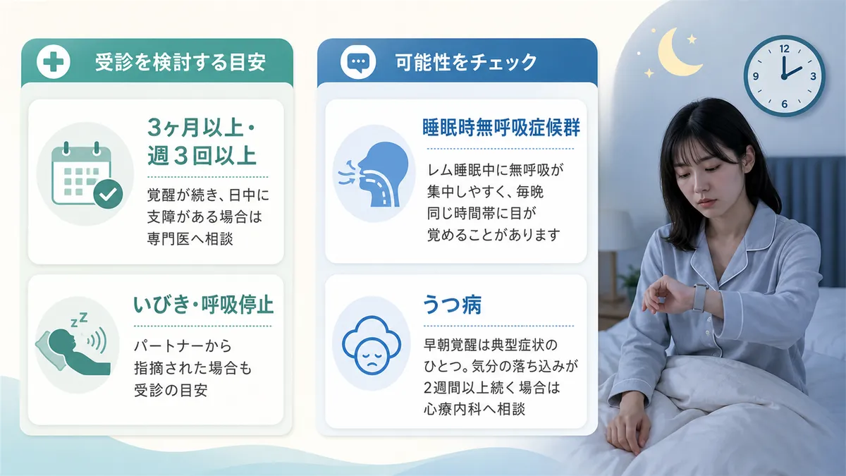 受診を検討すべき5つの目安と、睡眠時無呼吸やうつ病の可能性のチェックを案内します。