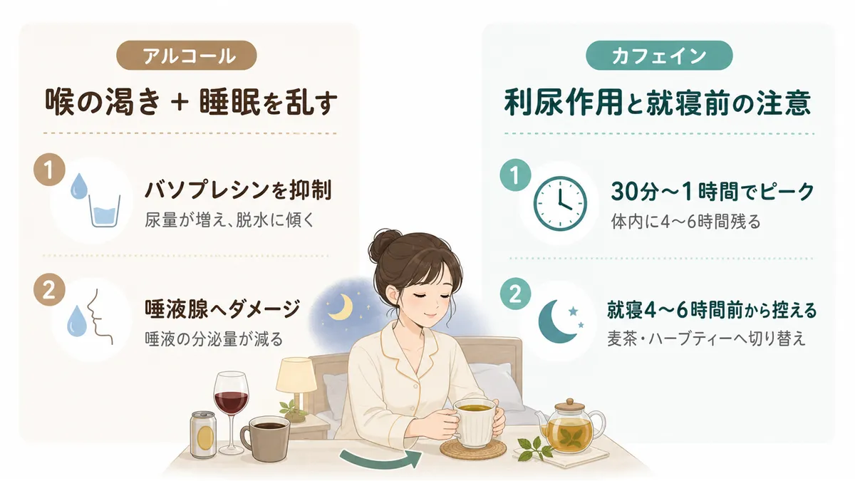 アルコールが喉の渇きと睡眠を同時に乱す仕組みや、カフェインの利尿作用について解説します。