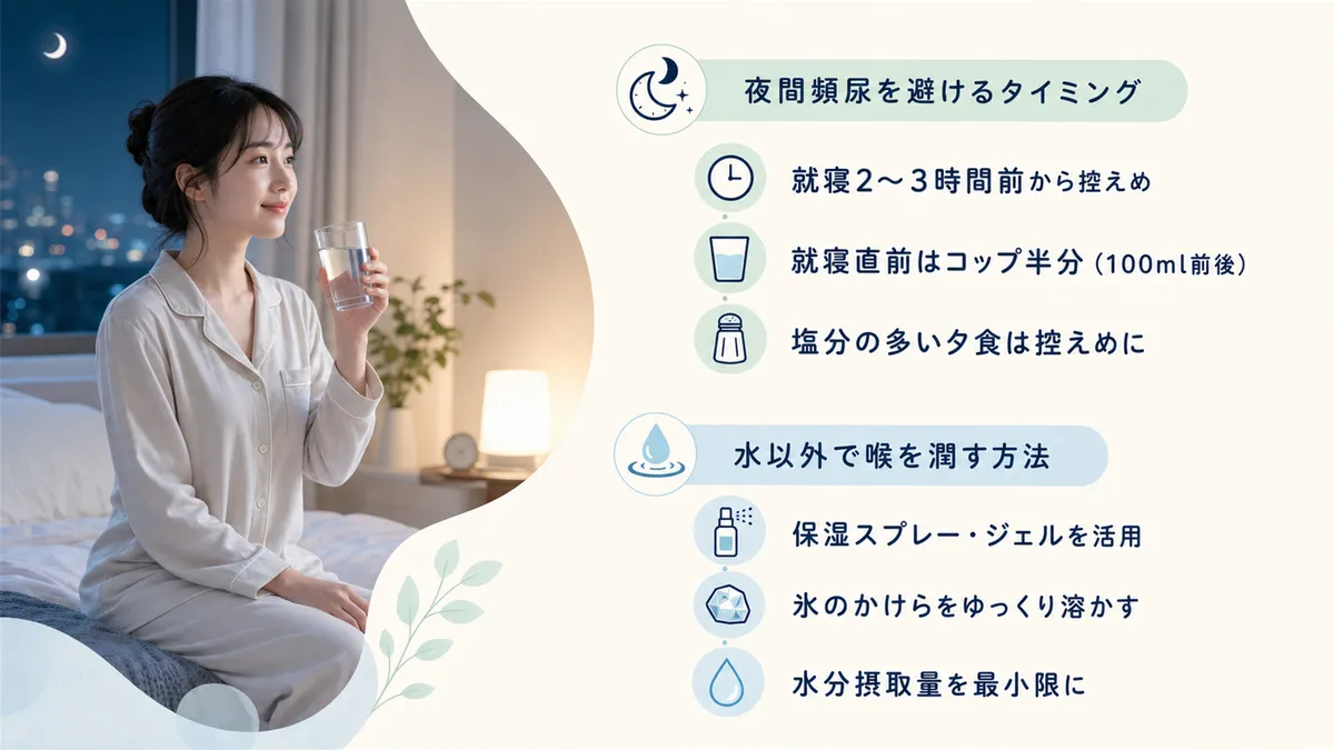 夜間頻尿を避ける水分補給のタイミングや、水以外で喉を潤す方法を紹介します。
