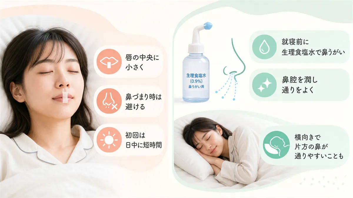 口テープの使い方と注意点や、鼻づまりを解消して鼻呼吸を促す方法を紹介します。