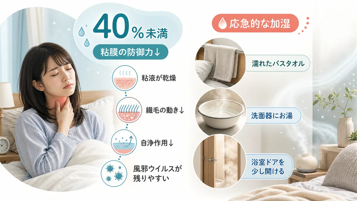 湿度40%を切ると粘膜の防御力が落ちること、加湿器がないときの応急的な加湿方法を紹介します。