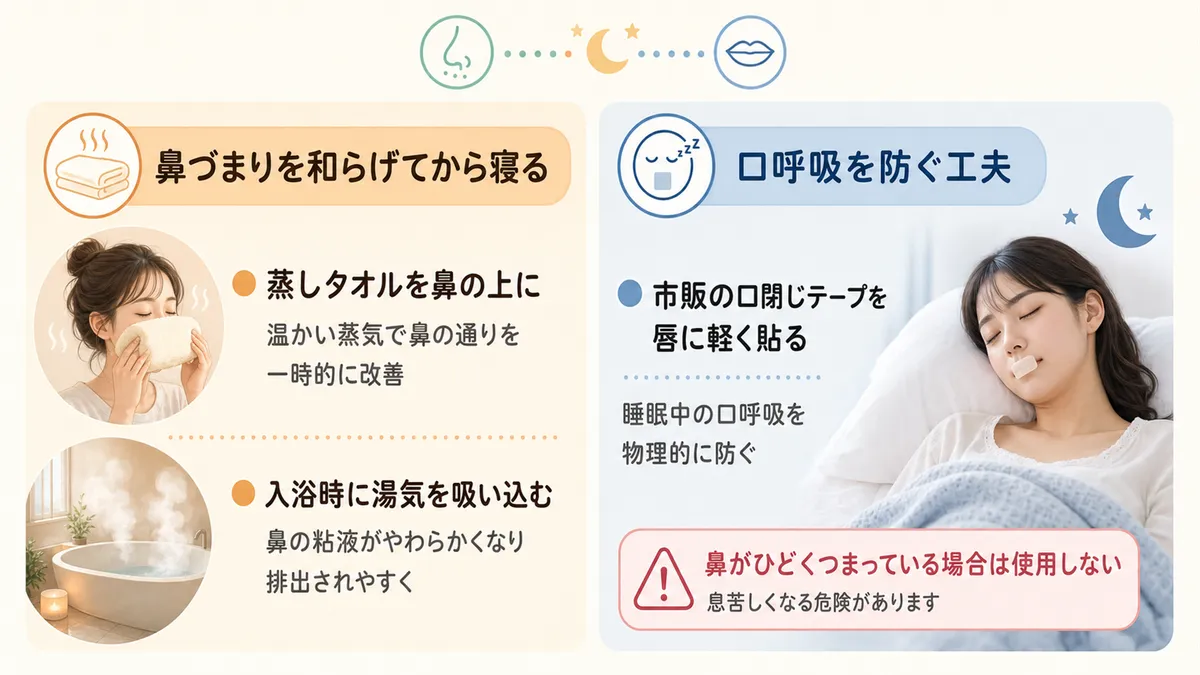 鼻づまりを和らげてから寝ることや、口呼吸を防ぐ工夫を紹介します。