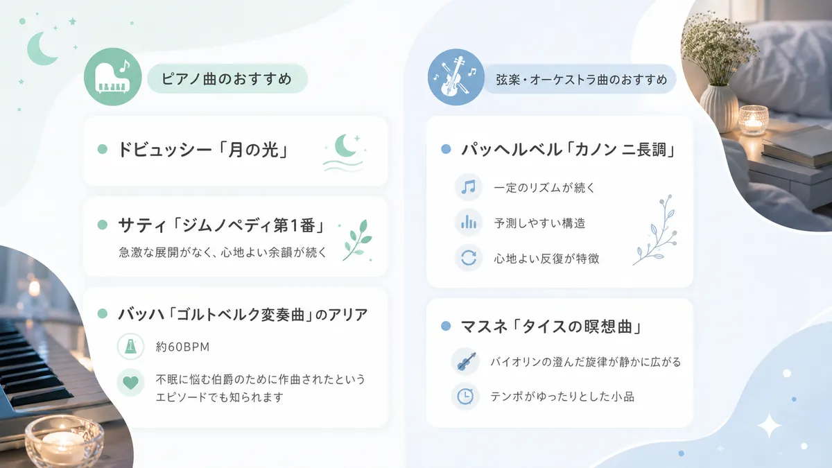 ピアノ曲5選と弦楽・オーケストラ曲5選を具体的に紹介します。