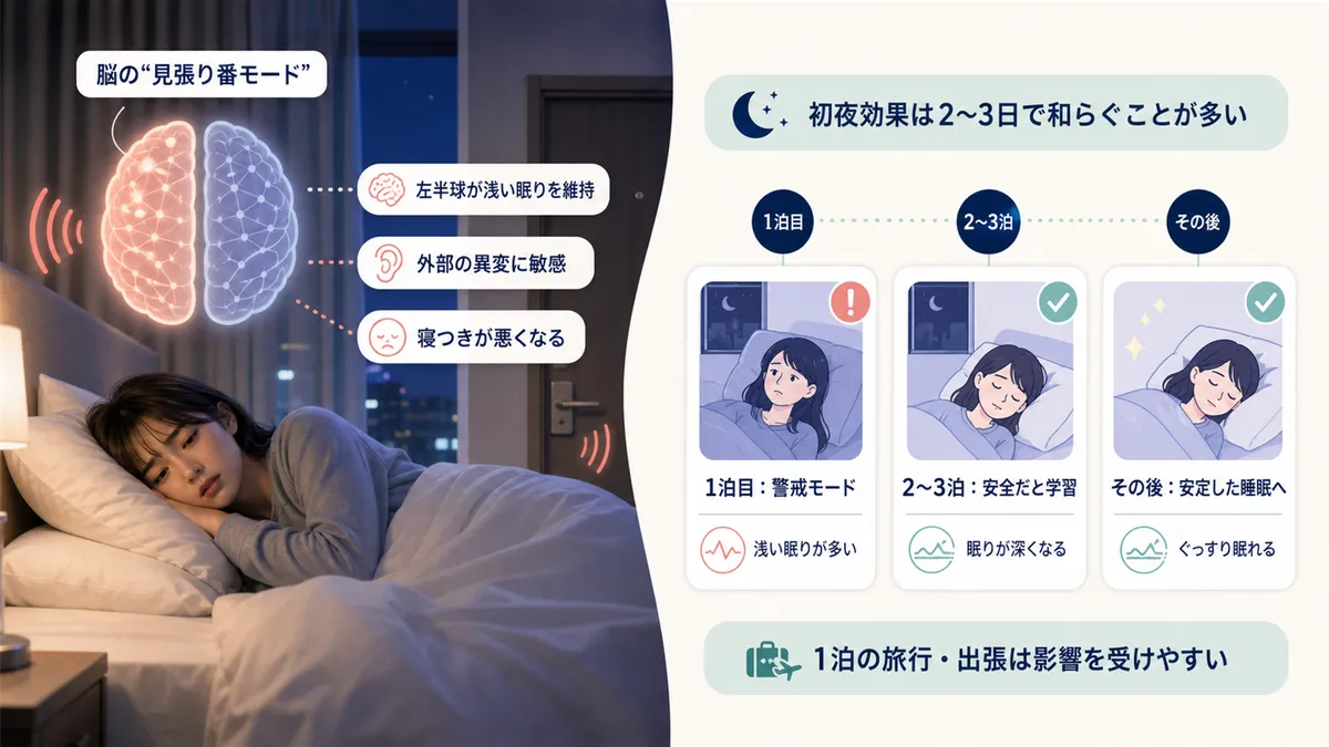 脳の「見張り番モード」が眠りを浅くすることや、初夜効果は2〜3日で和らぐことを解説します。