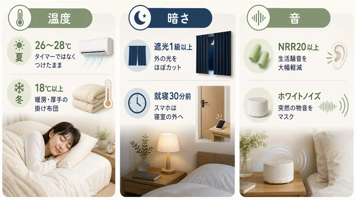 エアコンと寝具の温度管理、遮光カーテン、耳栓やホワイトノイズなどの工夫を紹介します。