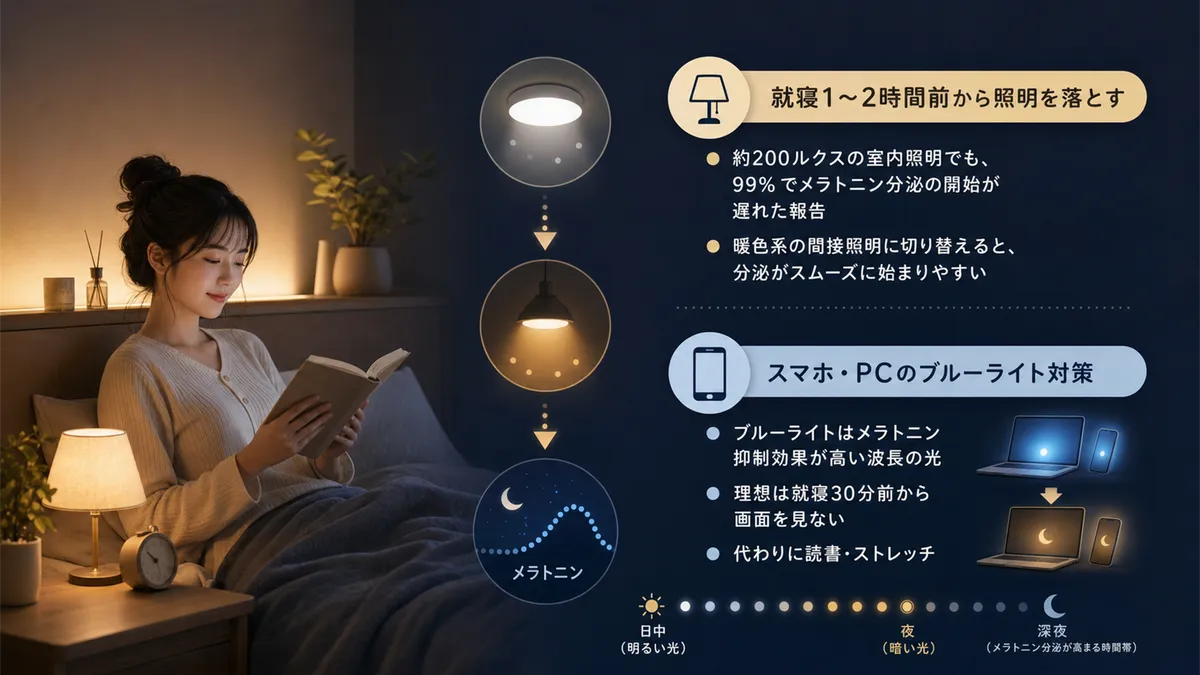 照明を落とす効果やスマホ・PCのブルーライトへの対処法を解説します。