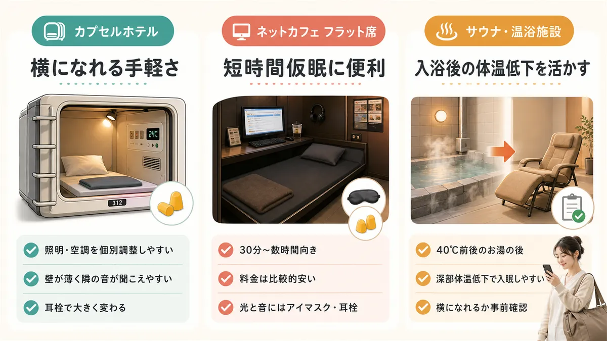 カプセルホテル、ネットカフェのフラット席、サウナ・温浴施設の特徴を比較します。
