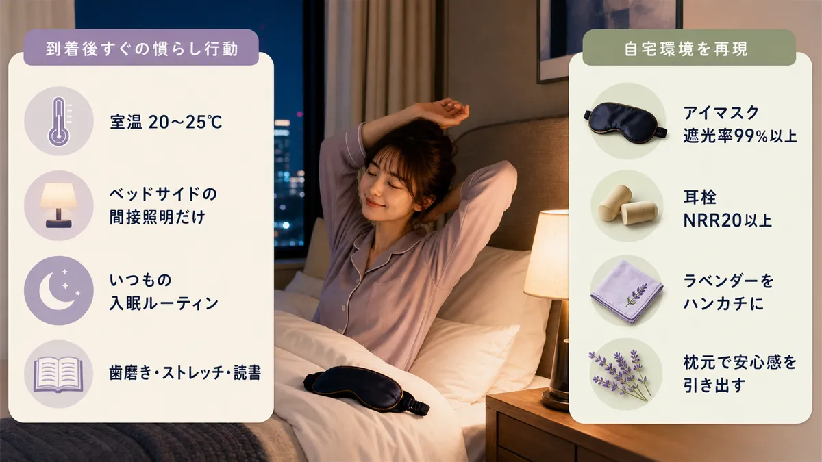到着後すぐにできる「慣らし行動」やアイマスク・耳栓・香りで自宅環境を再現する方法を紹介します。