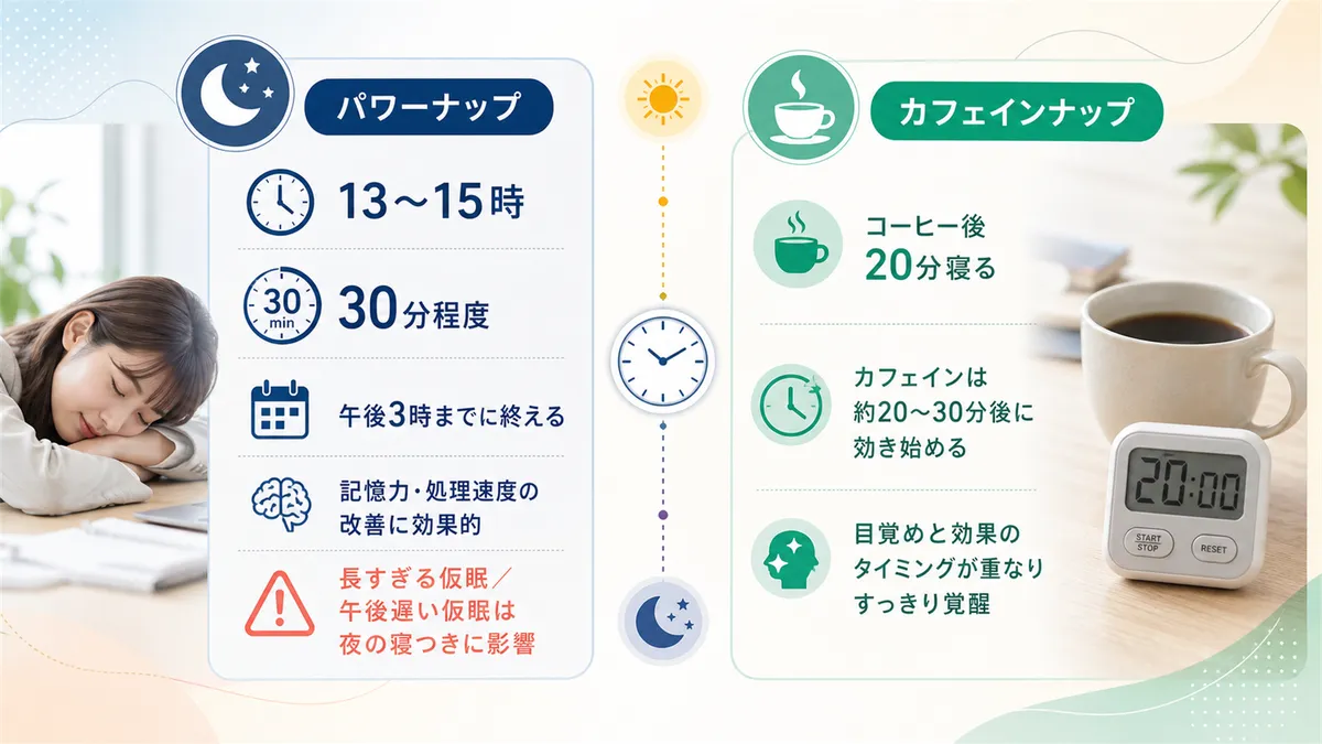 パワーナップやカフェインナップの方法と時間帯を紹介します。