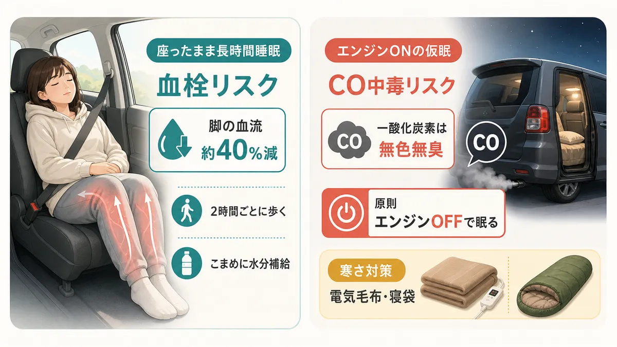 エンジンをかけたままの一酸化炭素中毒の危険や、血栓リスクへの注意を喚起します。