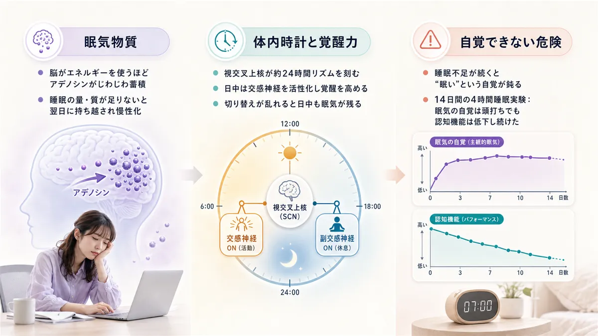 脳の眠気物質の蓄積や体内時計の覚醒力、慢性的な睡眠不足で眠気を自覚できなくなる危険を解説します。