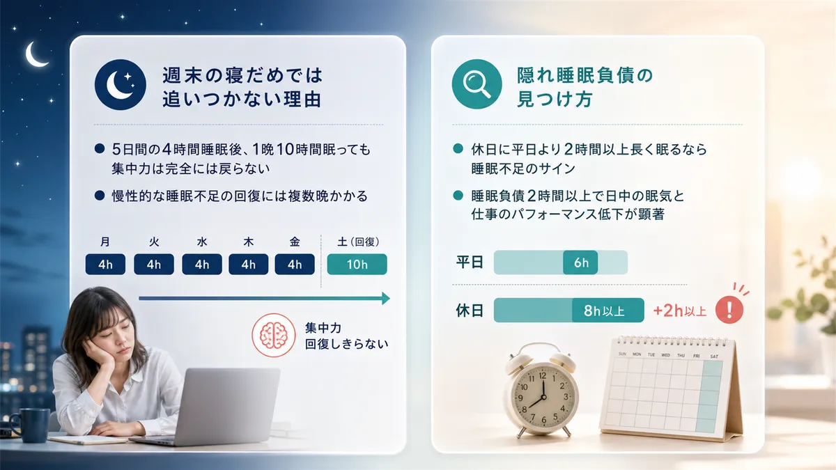 週末の寝だめでは追いつかないことや、隠れ睡眠負債の見つけ方を紹介します。