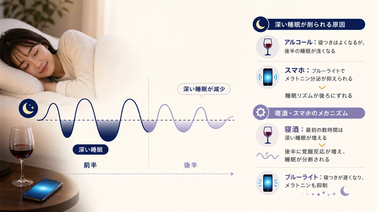 深い睡眠が削られる3つの原因や、寝酒・スマホが深い睡眠を奪うメカニズムを解説します。