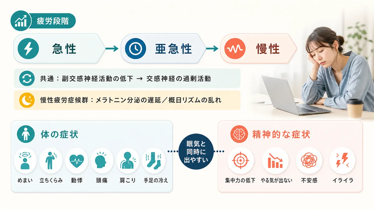 疲労の段階によって変わる自律神経パターンや、眠気と一緒に出やすい症状を紹介します。