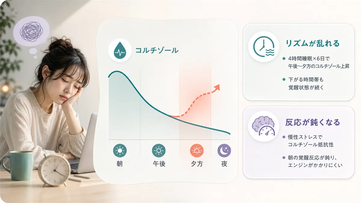 ストレスホルモンが覚醒と睡眠のリズムを狂わせることや、慢性ストレスで体がコルチゾールに鈍くなることを解説します。
