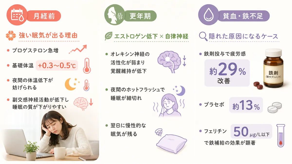 月経前の眠気、更年期のエストロゲン低下と自律神経のダブルパンチ、貧血が隠れた原因になるケースを紹介します。