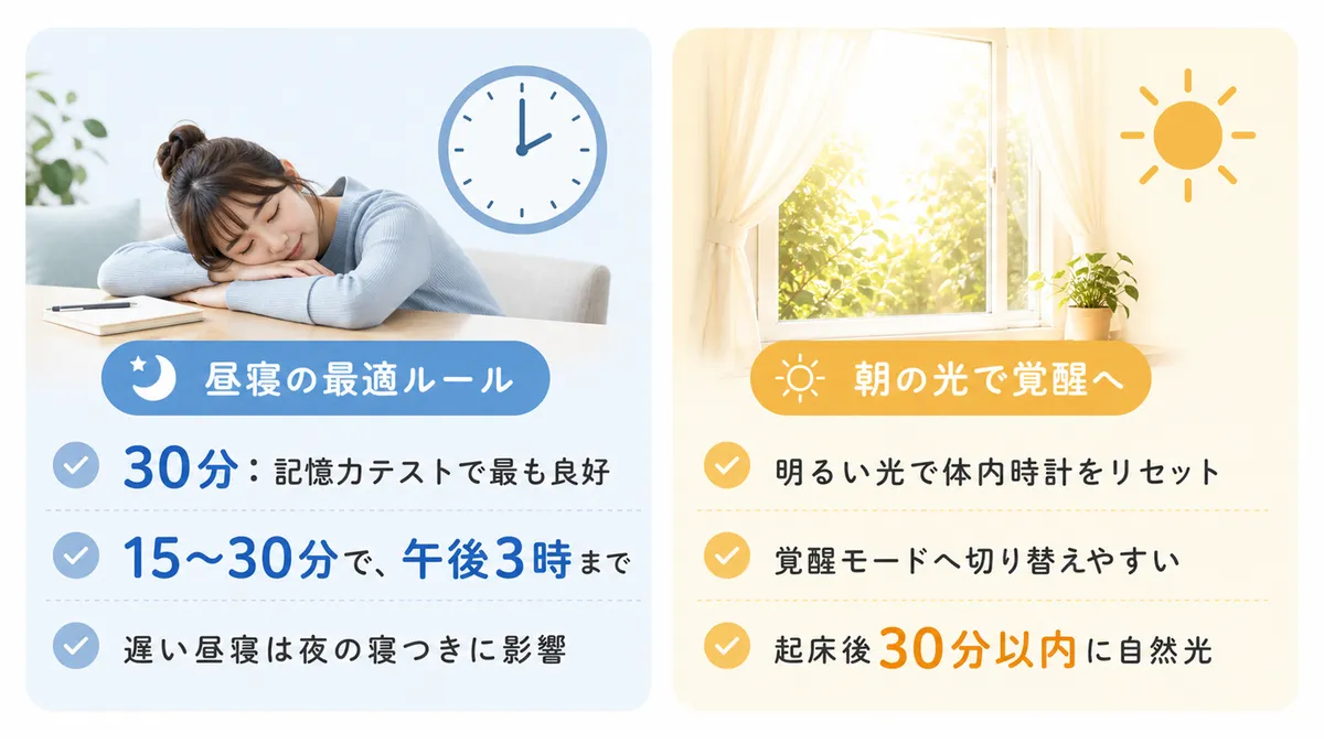 科学的に裏づけのある昼寝の最適ルールや、朝の光で眠気が晴れる理由を紹介します。