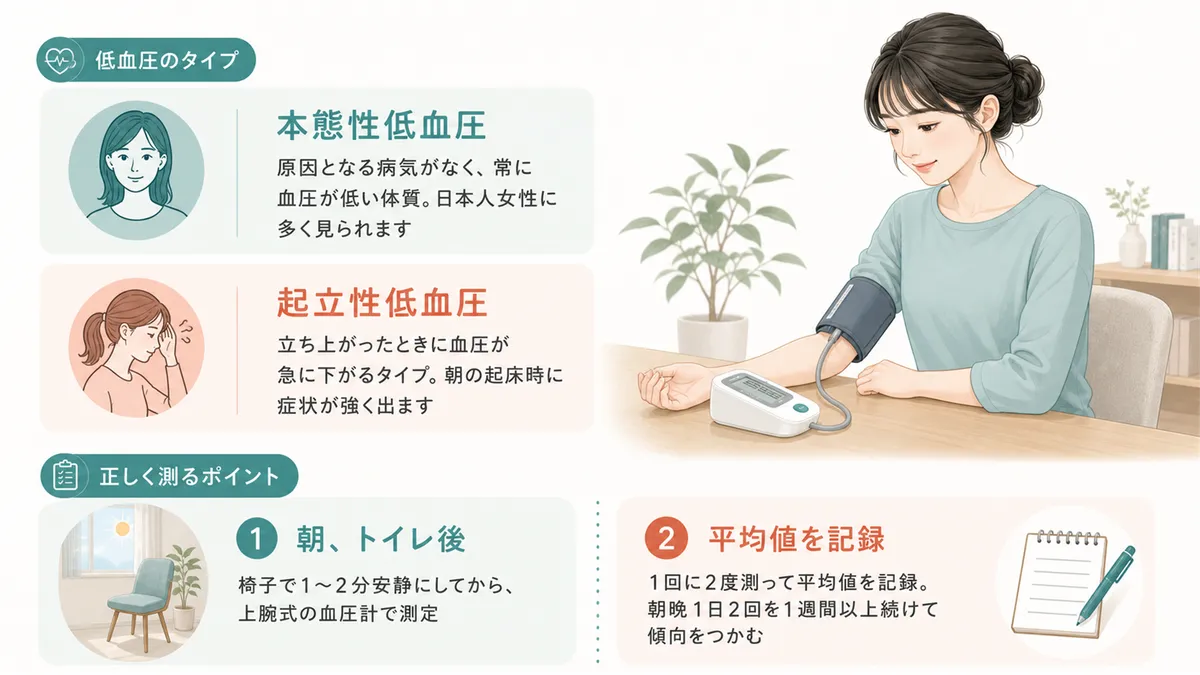 低血圧の3つのタイプと、自分の血圧を正しく測るポイントを紹介します。