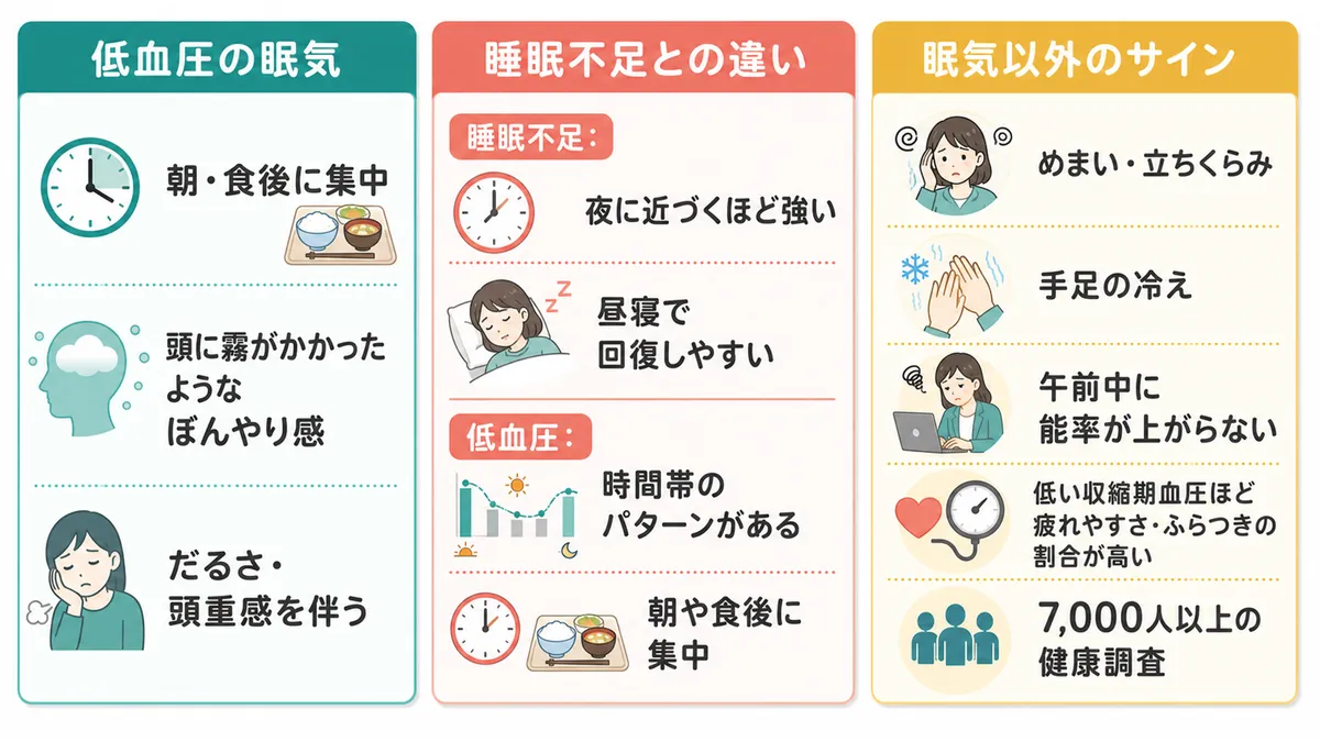 睡眠不足の眠気との違いや、眠気以外に現れやすい低血圧のサインを紹介します。（低血圧の眠気の特徴：朝や食後など血圧が下がるタイミングに集中・霧がかかったような頭のぼんやり感・だるさや頭重感を伴う。睡眠不足との違い：睡眠不足は一日中感じやすく昼寝で回復しやすいのに対し、低血圧は時間帯のパターンがある）