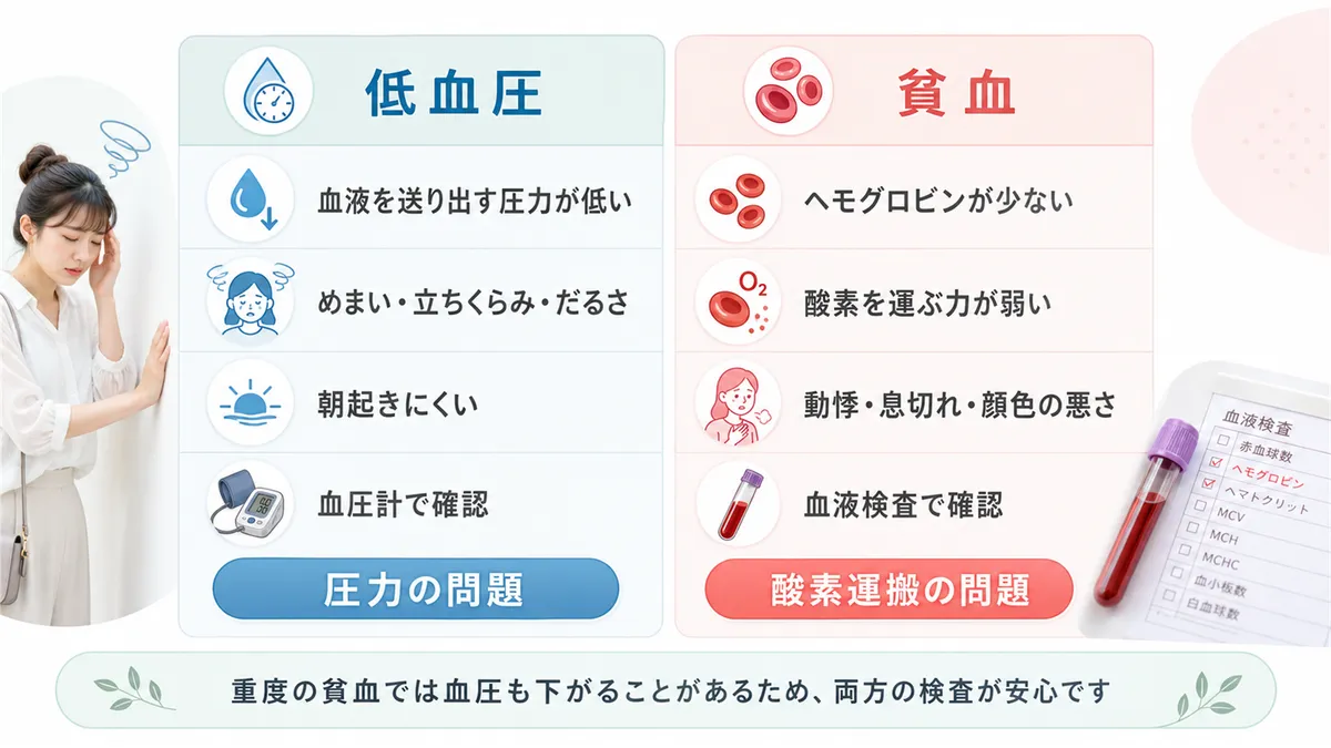 比較表で整理する低血圧と貧血の違いを解説します。（低血圧：血液を送り出す圧力が低い・めまい/立ちくらみ/だるさ/朝起きにくい・血圧計で確認。貧血：ヘモグロビンが少なく酸素を運ぶ力が弱い・動悸/息切れ/顔色の悪さ・血液検査で確認）