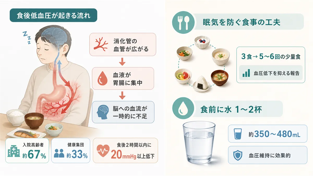 食後低血圧が起きるメカニズムと、食後の眠気を防ぐ食事の工夫を紹介します。