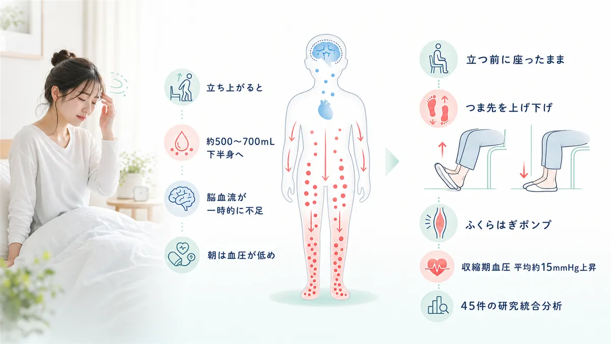 起立性低血圧の仕組みや、立ちくらみを防ぐカウンタープレッシャーテクニックを紹介します。