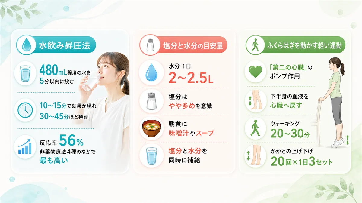 水飲み昇圧法、塩分と水分の目安量、ふくらはぎを動かす軽い運動の効果を紹介します。