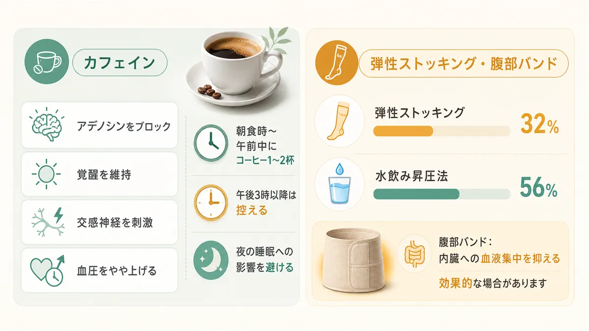 カフェインの上手な活用法や弾性ストッキング・腹部バンドの使い分けを紹介します。