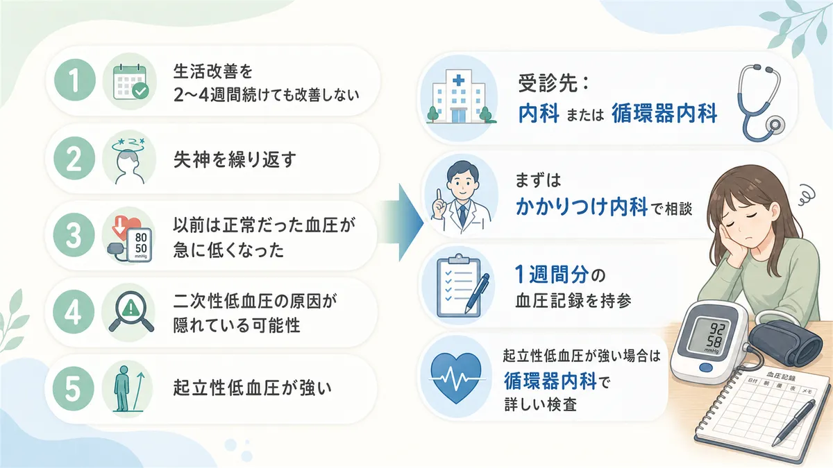 受診の目安となる5つのサインと、内科または循環器内科への受診を案内します。
