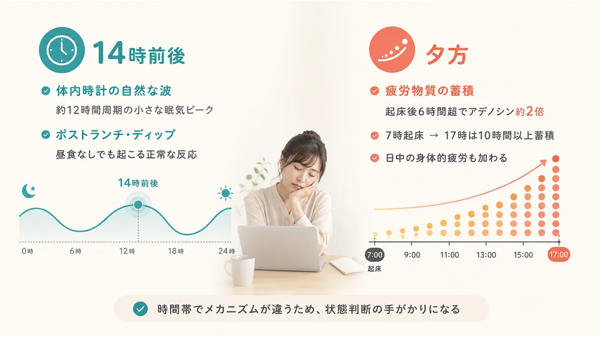 午後14時前後の眠気は体内時計が引き起こす自然な波であり、夕方の眠気は疲労物質の蓄積が主な原因です。時間帯によって眠気のメカニズムが異なることを知ると、自分の状態が正常かどうか判断しやすくなります。