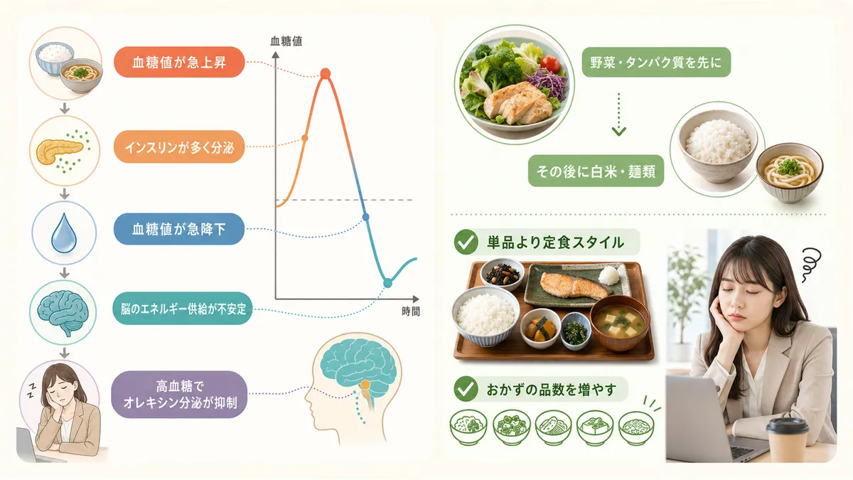 血糖値スパイクが午後の眠気を上乗せするメカニズムと、眠くなりにくい昼食の食べ方について具体的に紹介します。