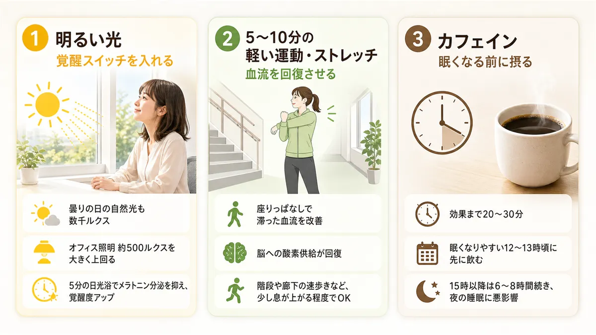 明るい光で覚醒スイッチを入れる方法、5〜10分の軽い運動やストレッチで血流を回復させるコツ、カフェインを眠くなる前に摂る戦略を紹介します。