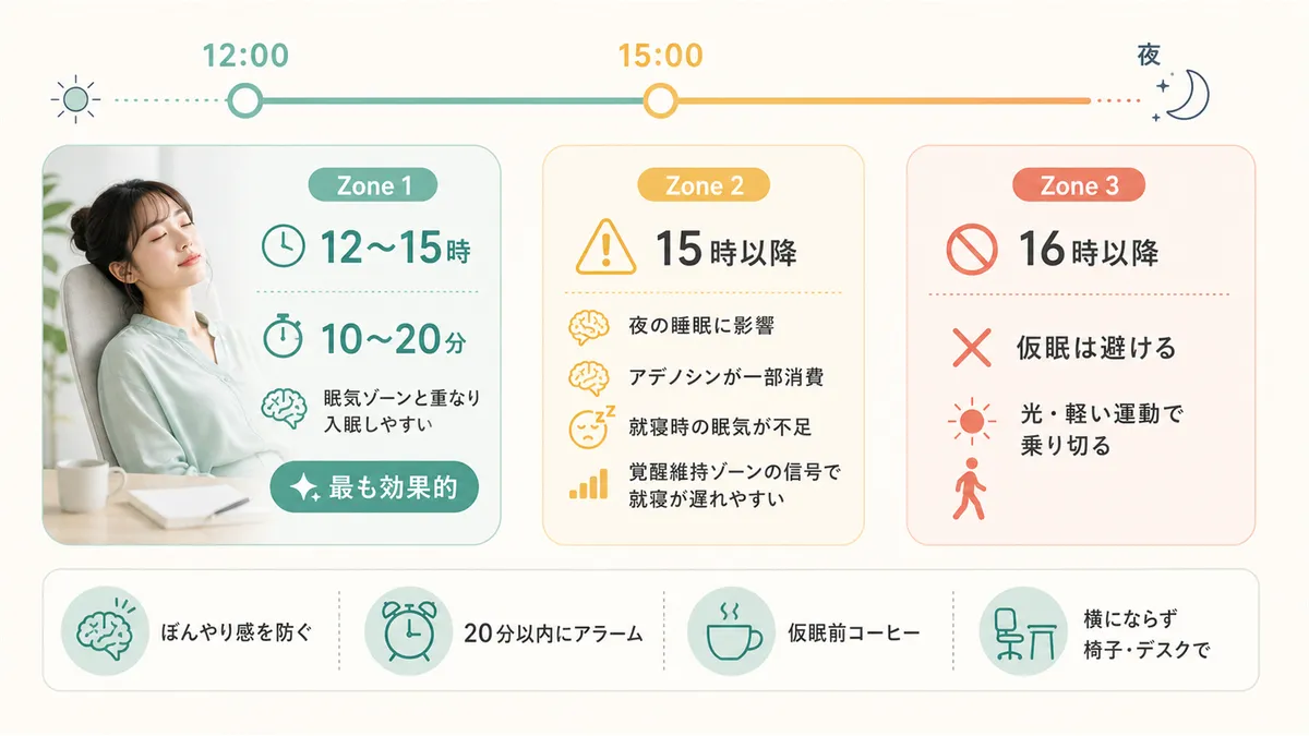 仮眠のベストタイミングと長さ、15時以降の仮眠が夜の睡眠を壊すメカニズム、仮眠後のぼんやり感を防ぐコツを時間帯別に整理します。