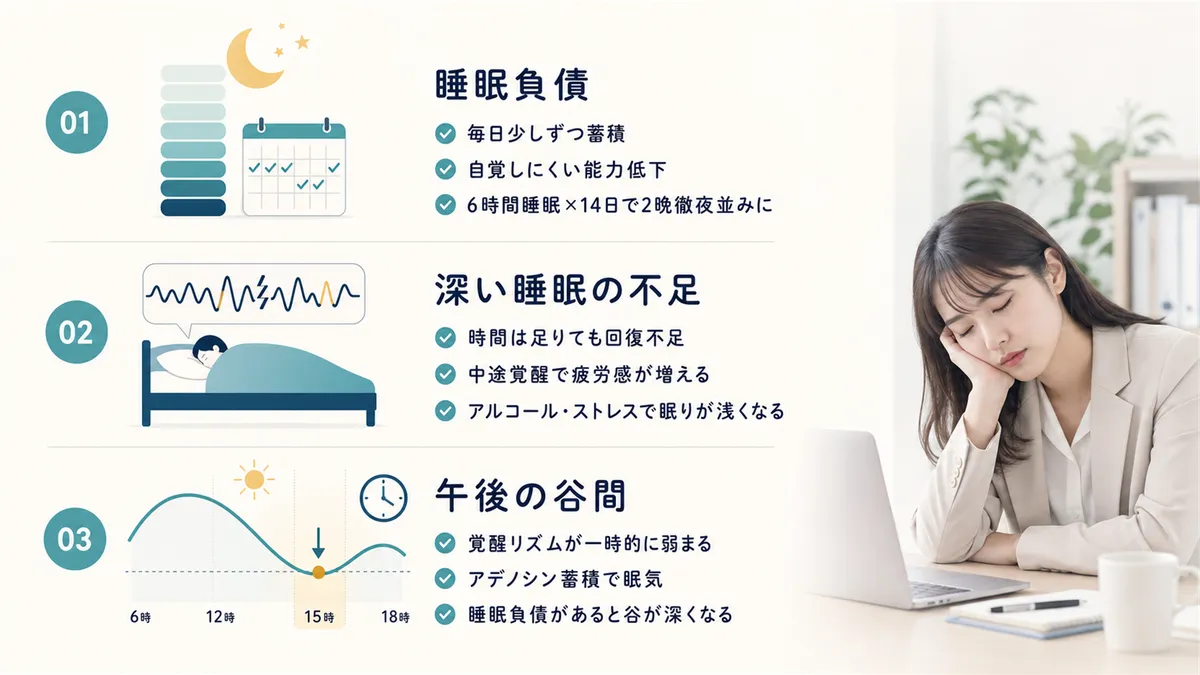 睡眠負債は自覚しにくいまま蓄積すること、深い睡眠が不足していると日中に眠くなること、体内時計の覚醒リズムには午後の谷間があることを解説します。