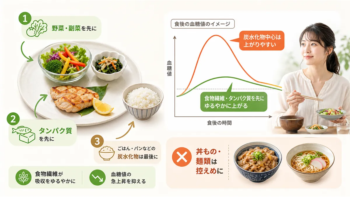 野菜やタンパク質を先に食べると血糖値の乱高下が穏やかになる仕組みを解説します。