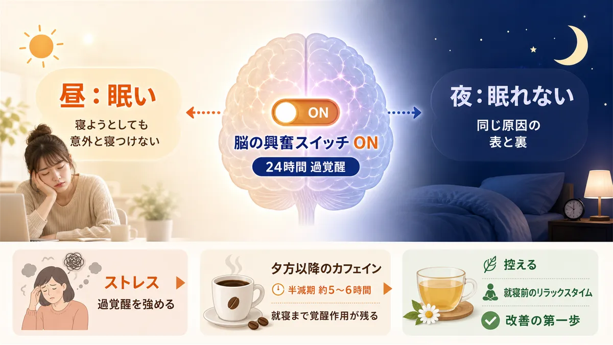 日中の眠気と夜の不眠は同じ原因の表と裏であること、ストレスやカフェインの遅い時間の摂取が過覚醒を強めるメカニズムを紹介します。