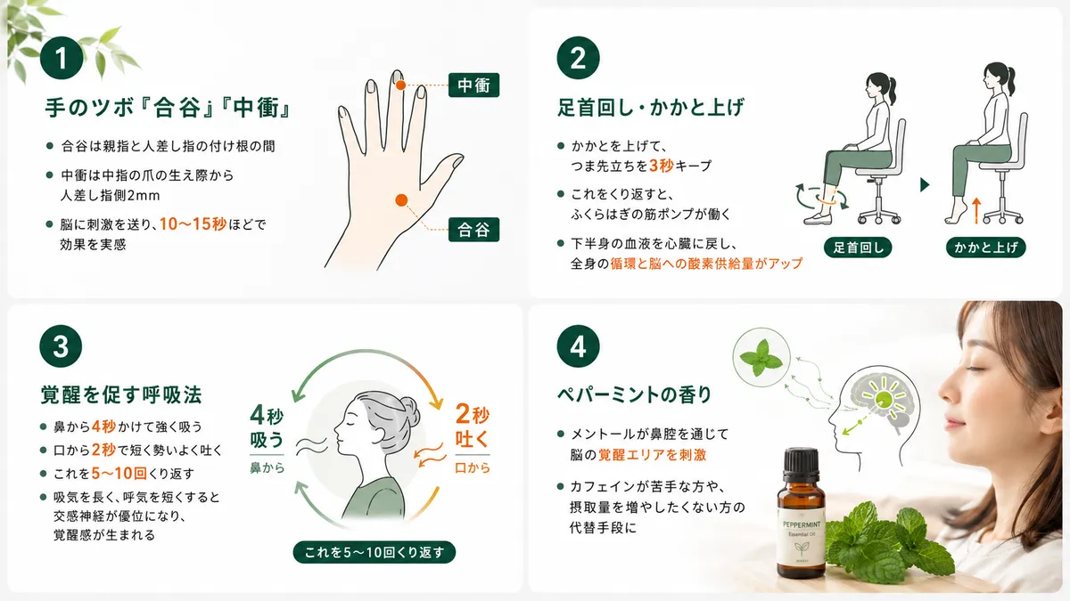 手のツボ刺激、足首回し・かかと上げ、覚醒を促す呼吸法、ペパーミントの香りなど、デスクで使える即効テクニックを紹介します。