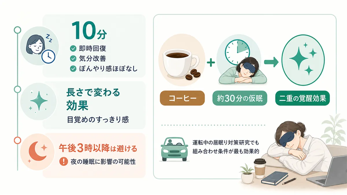 仮眠の長さによって効果と目覚めのすっきり感が変わること、コーヒーナップの相乗効果について科学的に解説します。