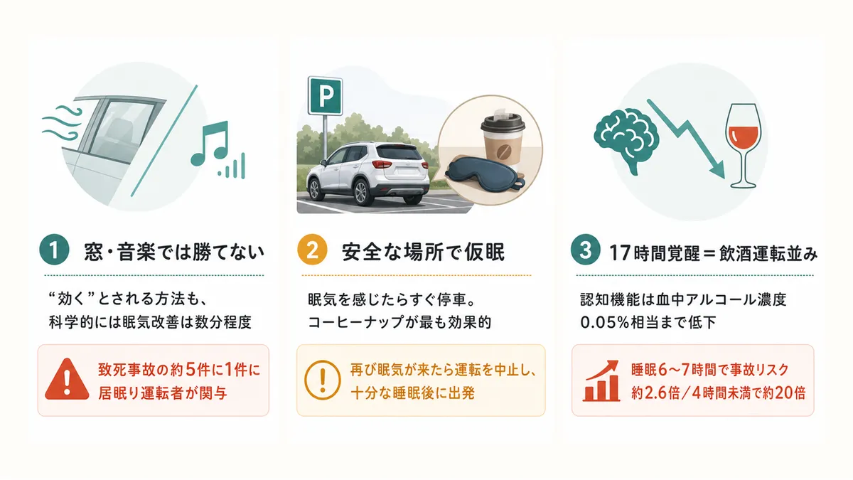 窓を開けたり音楽を大きくしても眠気に勝てないこと、安全な場所での仮眠が最優先であること、17時間の覚醒が飲酒運転と同等の判断力になることを解説します。